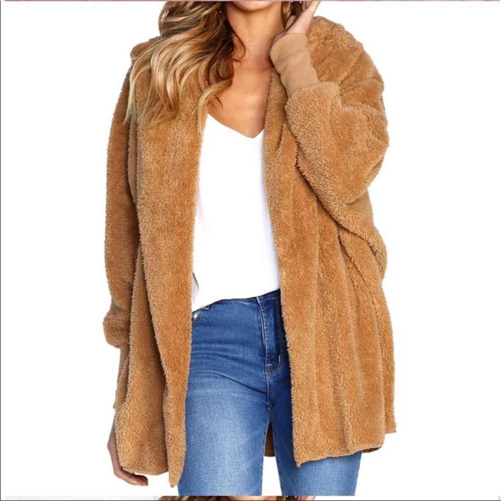 1 Left! Camel Oversized Cozy Teddy Hoodie Sweater - Picture 2 of 6